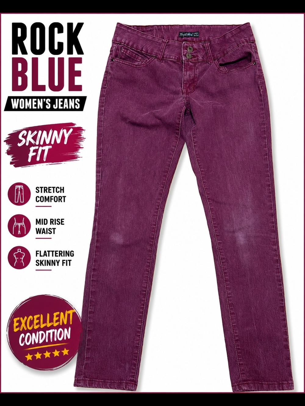 Rock Blue Womens Burgundy Skinny Jeans Size XS Stretch Mid Rise Double Button Wi